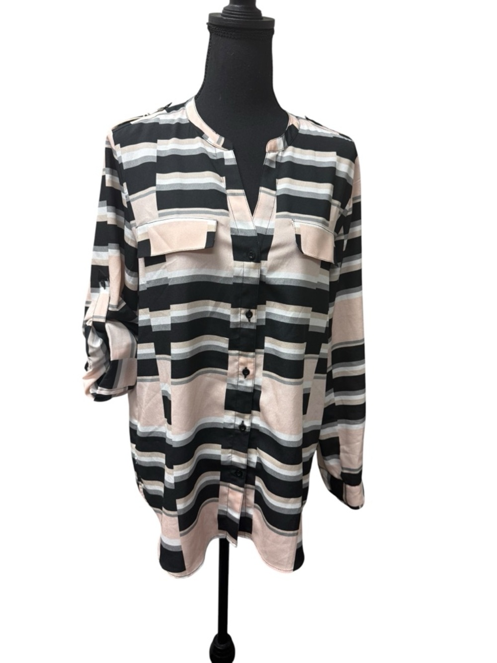 Calvin Klein Tan/Blush Black Stripe Blouse Button Front Roll Tab Sleeve L Top